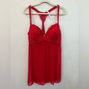 NWOT Daisy Fuentes Red Lace Push Up Babydoll Negligee Thong Panty Set 1X